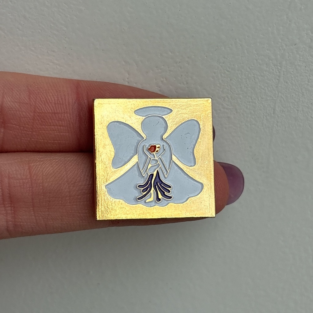 Vintage White Enamel Angel Floral Brooch Pin